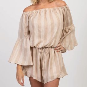 Sage Taupe Striped Off Shoulder Bell Sleeve Romper